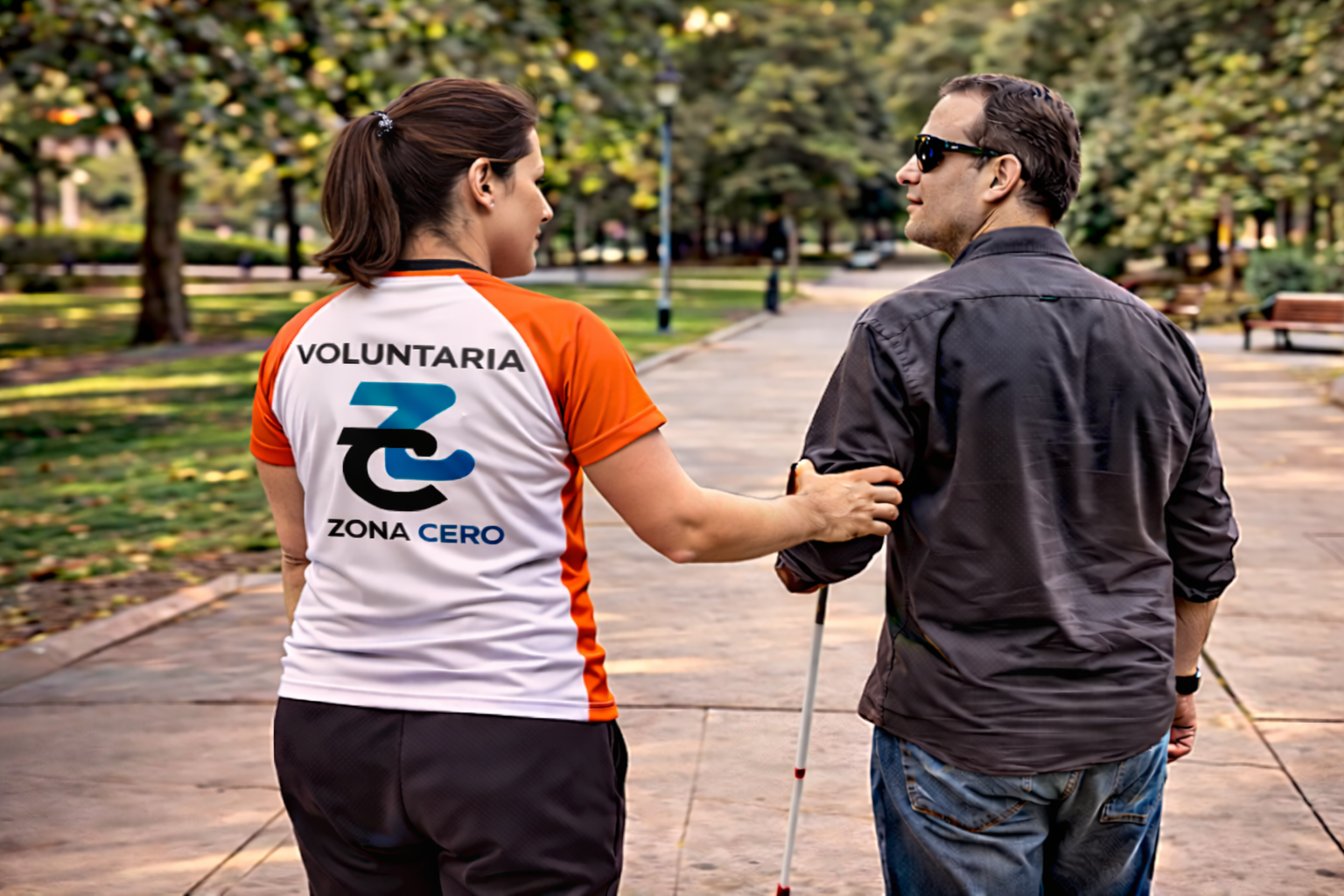Voluntaria de Zona Cero acompañando a una persona con discapacidad visual
