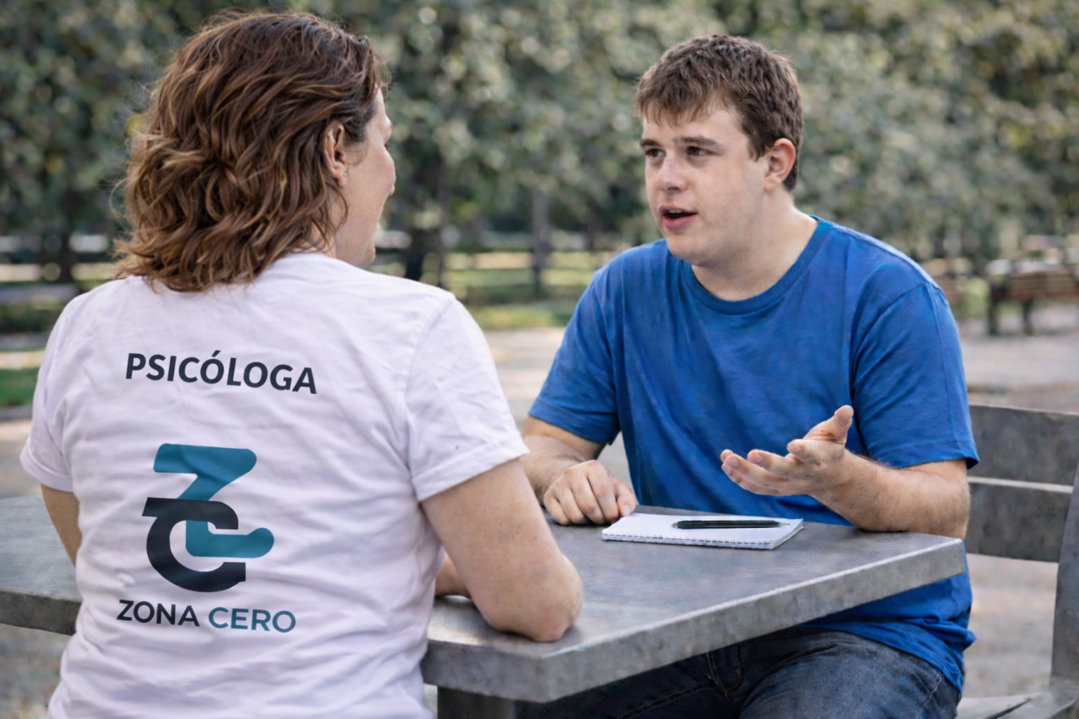 Profesional voluntaria de Zona Cero acompañando a un joven en una conversación de apoyo