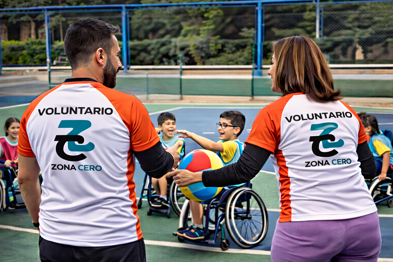 Voluntarios de Zona Cero colaborando en una actividad deportiva inclusiva con menores