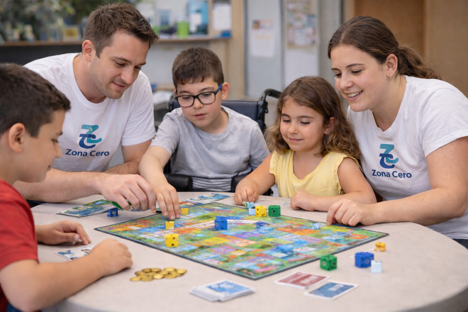 Actividad de juego de mesa con niñas y niños acompañados por personas adultas